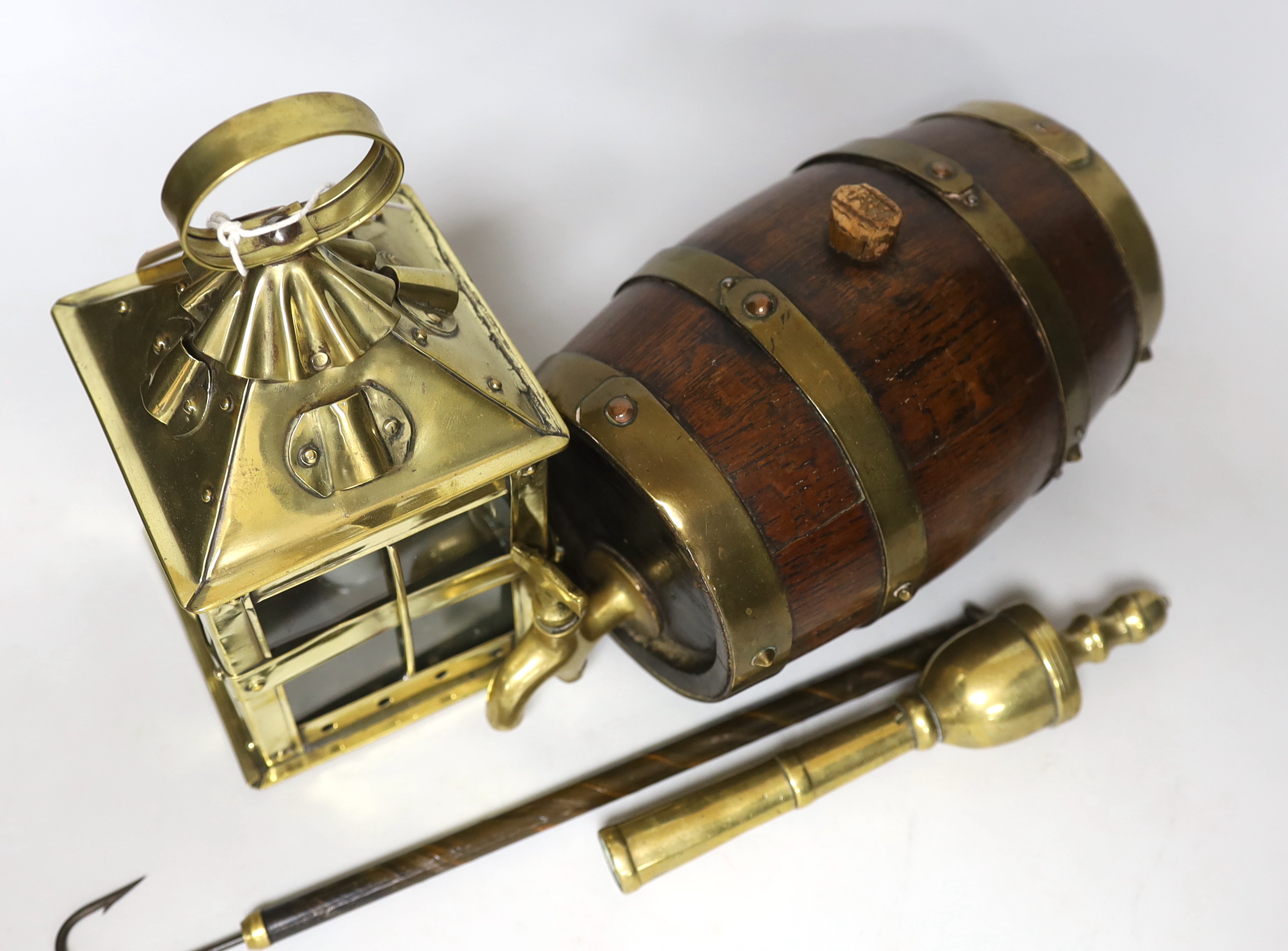 A brass lantern, a brass bound barrel and two other items, lantern 21.5cm high